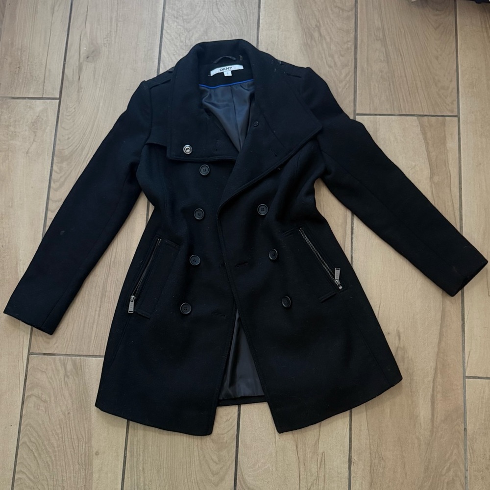 DKNY Black Double-Breasted Pea Coat
